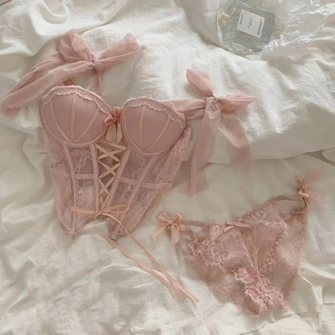 Sweet Sexy New Fishbone bra hot girl lace underwear strap vest slim waist WOMEN'S top beauty back Pink