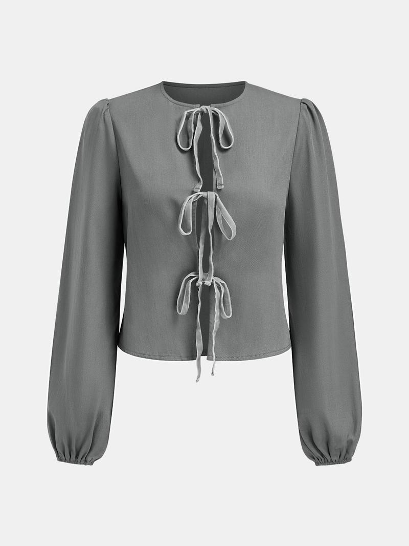 Product Introduction of YOZY Women's Plain Tie Front Bishop Sleeve Blouse, Casual Long Sleeve Tie Neck Top for Daily Wear, Ladies Clothes for All Seasons 13