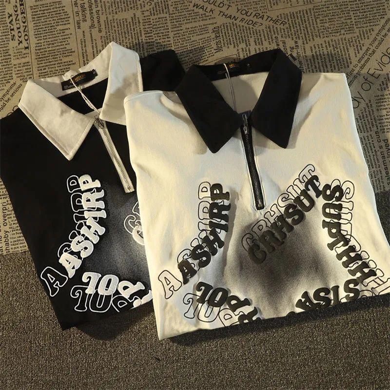 Product Introduction of [ 27k Favorites] American Retro Star Polo Collar Short Sleeve T-Shirt Unisex Loose Fit Hong Kong Style Vintage Half-Zip Couple Top 11