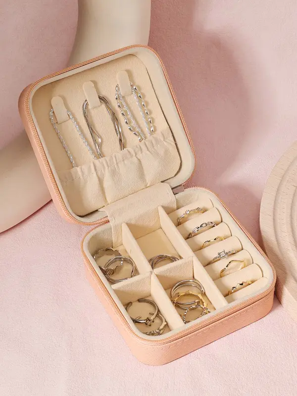 Letter Pattern Jewelry Box, Mini Zipper Jewelry Organizer, Travel Jewelry Storage Box for Rings, Necklaces, and Earrings 2