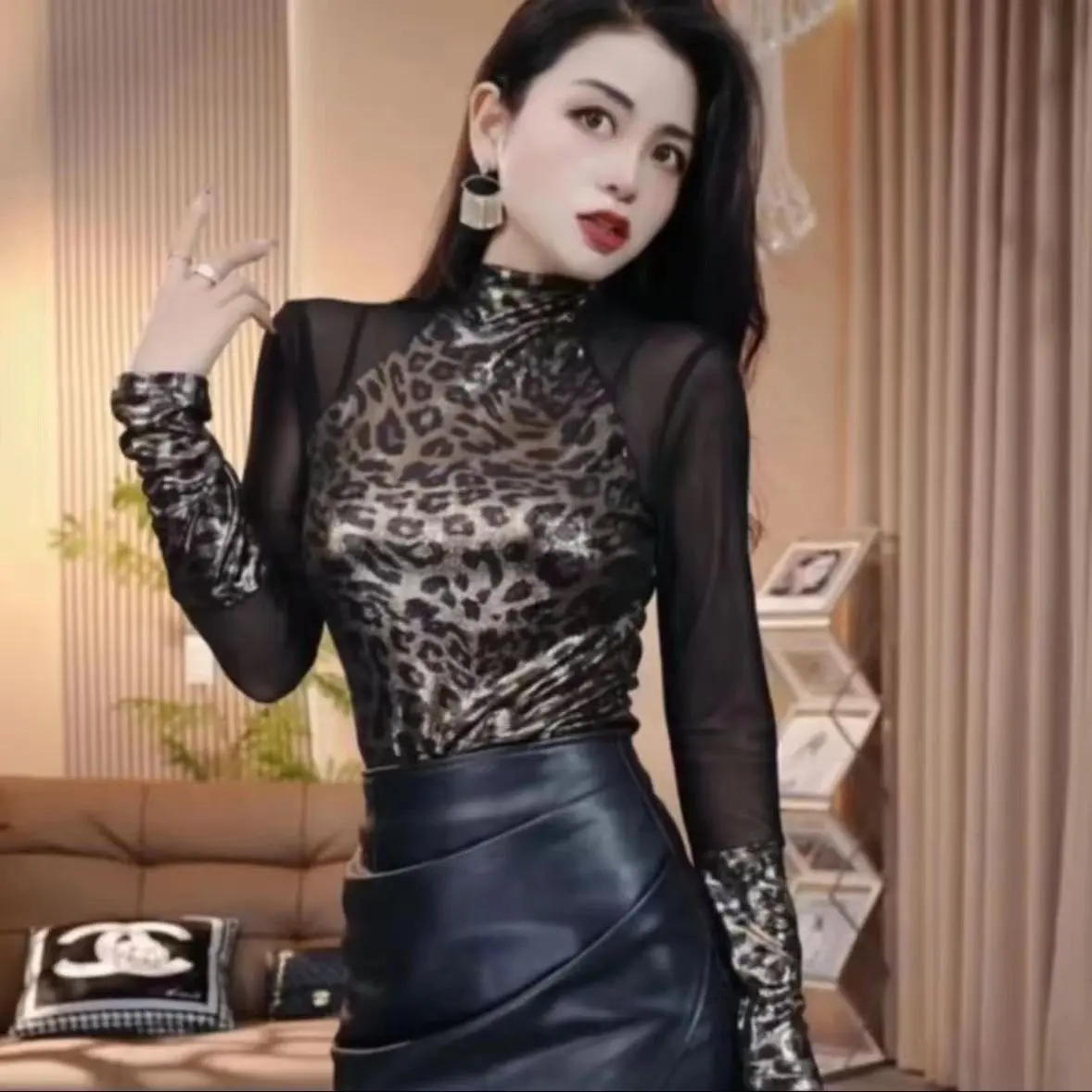 Áo Thun Dài Tay Họa Tiết Da Báo Lưới, Hàng Châu Âu, Dành Cho Nữ, Hàng Mới Về Mùa Thu Và Mùa Đông, Mỏng Vừa Vặn, Phong Cách Phương Tây, Bó Sát, Áo Lớp Nền Bên Trong, 2024 Top Women