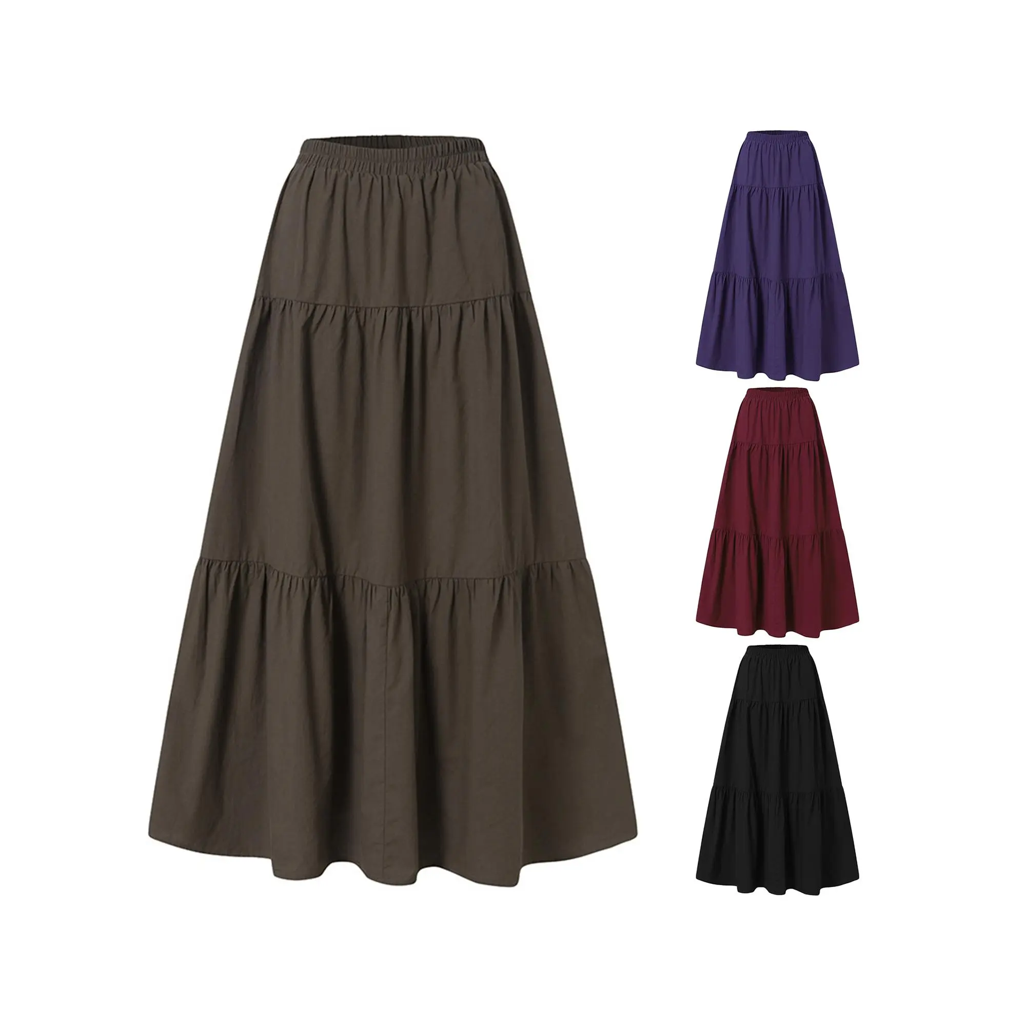 Women´s Casual Long Skirts, Solid Color Pleated Big Hem Elastic Waist Loose Fit Skirts, Simple Style Bottoms