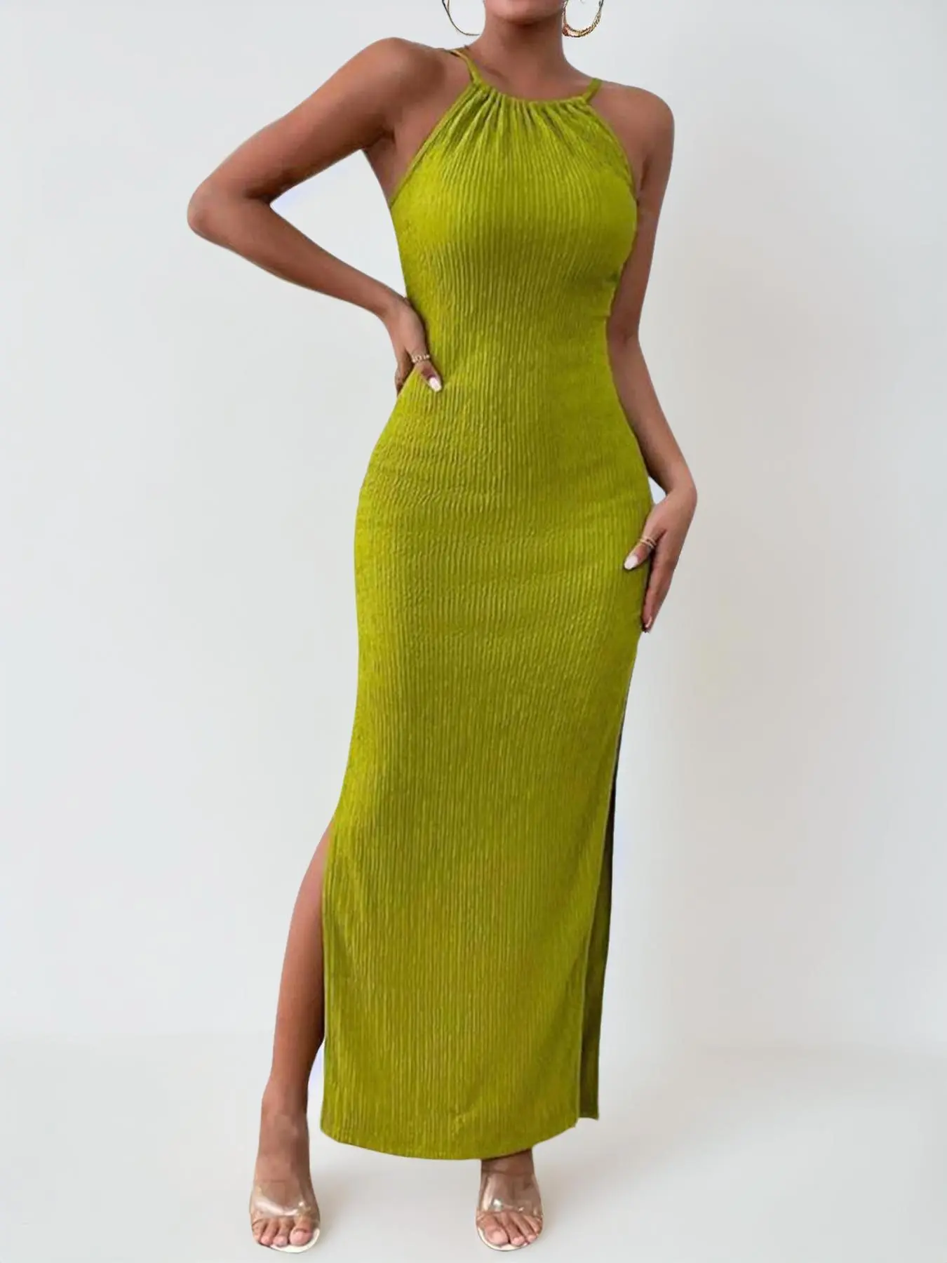 Women's Plain Backless Split Halter Cami Dress, Summer Clothes, Dresses Summer, Elegant Adjustable Strap Long Dress for Party Holiday Wedding Guest, Ladies Summer Clothes