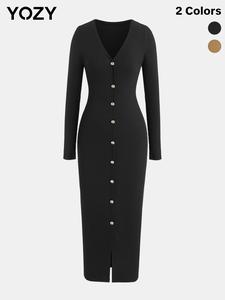 YOZY Textured Button Front Dress, Elegant V Neck Long Sleeve Bodycon Midi Dress, 2024 Women's Daily Office Business Wear for Spring & Autumn