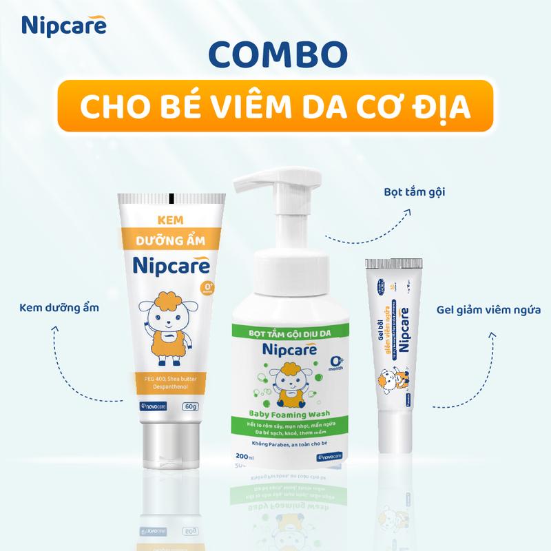 Bộ sản phẩm cho bé bị viêm da cơ địa - kem dưỡng ẩm Nipcare 60g, Bọt tắm gội dịu da Nipcare, Gel bôi giảm viêm ngứa Nipcare