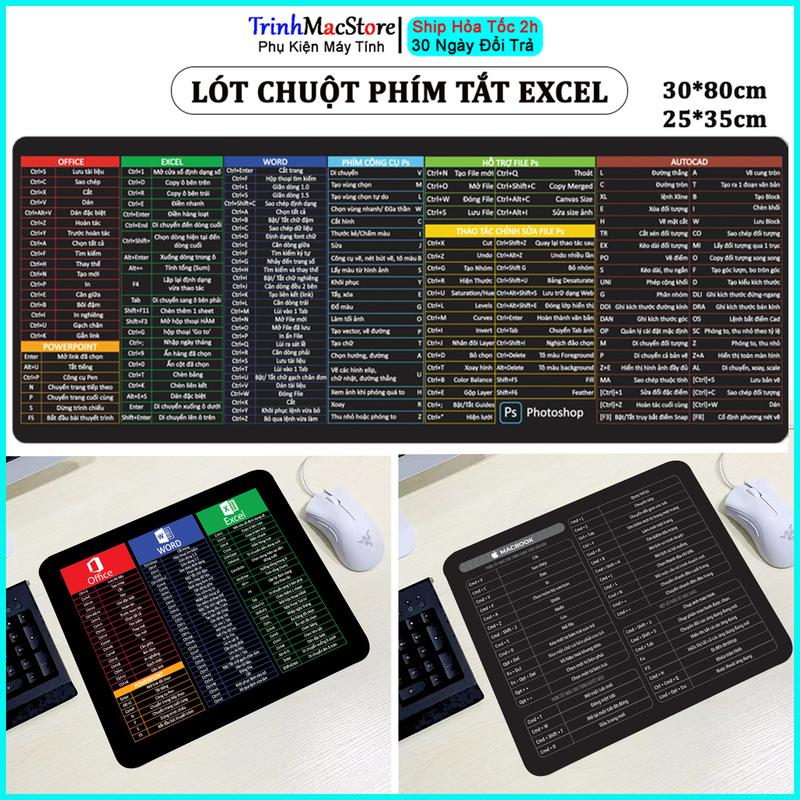 Lót Chuột Phím Tắt Văn Phòng Excel Tiếng Việt, Pad Chuột Cỡ Lớn 30x80, Phím Tắt…