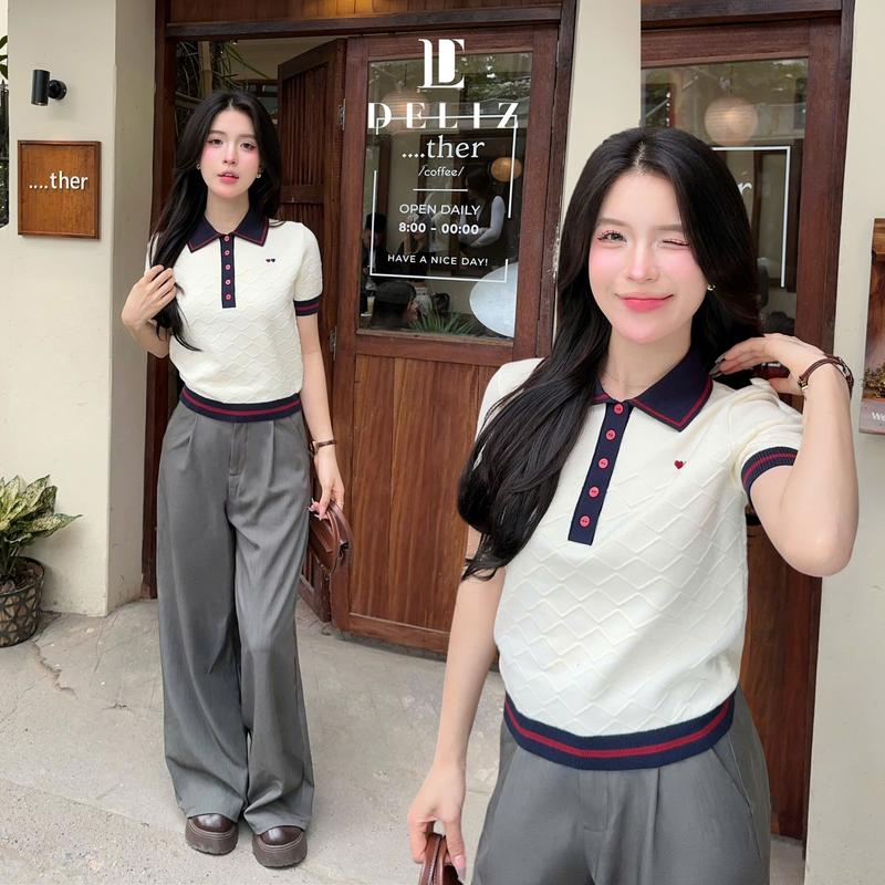 DELIZ - BST MỚI - Áo len ngắn tay nữ cổ bẻ thêu tim chất liệu cao cấp tông màu đơn giản - PL23