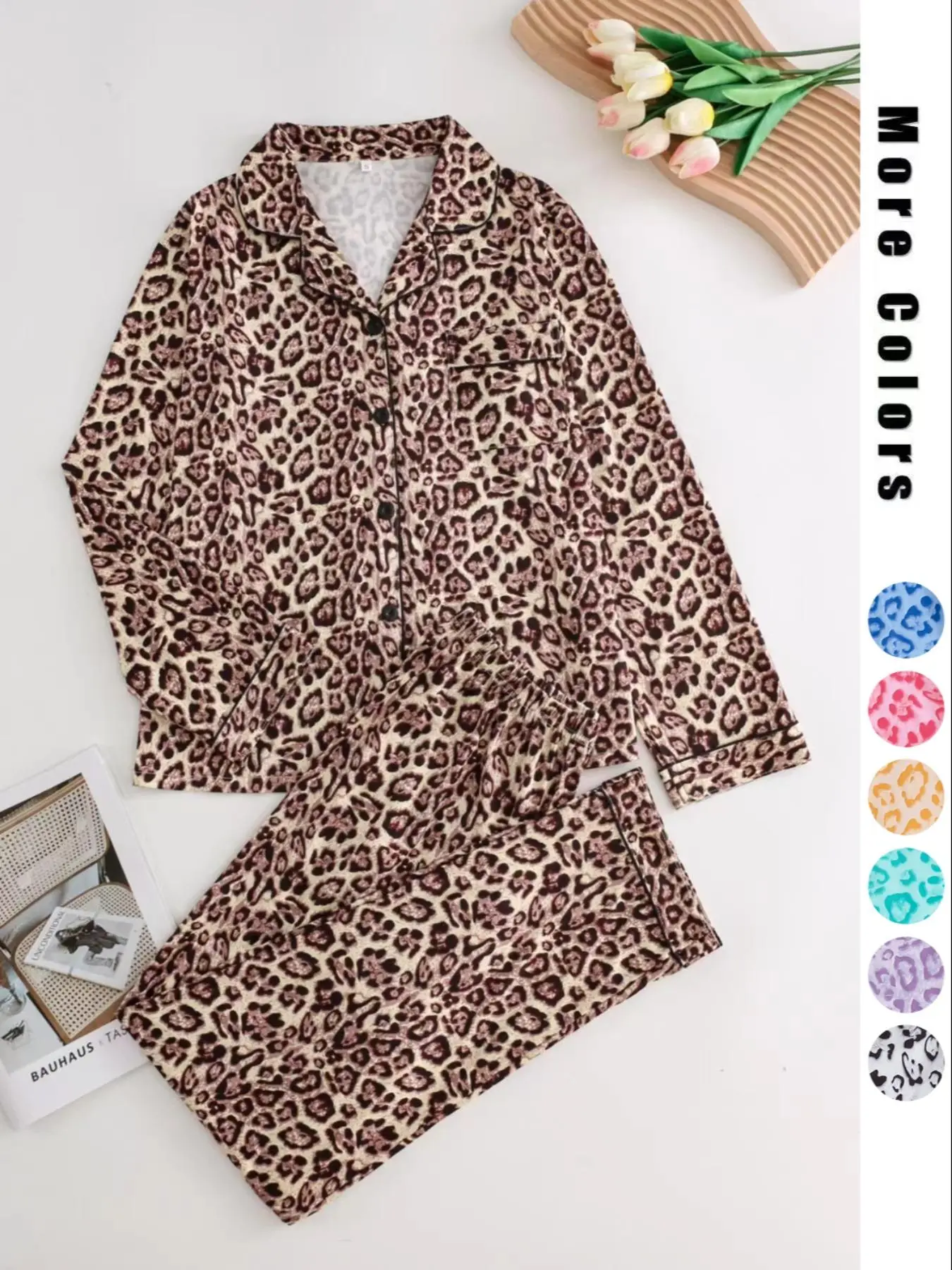 Women's Leopard Print Button Front Pocket Lapel Shirt & Elastic Waist Pants Pyjama Two-piece Set, Casual Comfy Top & Trousers Pj Set, Women's Sleepwear for Spring & Fall, Chic Style Wear, Sleep Sets