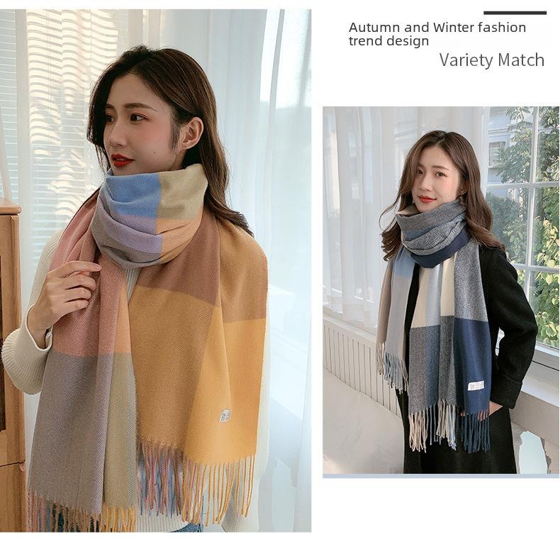 Product Introduction of New Plaid Scarf Women's Japanese and Korean Style Sweet Warm Scarf Fashion Shawl Autumn and Winter Artificial Cashmere Scarf enamel  pins selendang  bahu  klasik 4