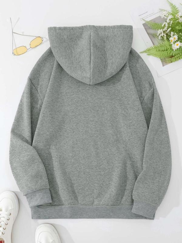 Women's Plus Size  Heart & Letter Print  Drawstring Hoodie, Fashion Casual Pocket Hooded Sweatshirt for Daily Wear, Women Clothing for Fall & Winter Valentine's Day, gift 1