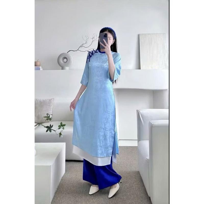 Product Introduction of Áo Dài Cách Tân Tay Lỡ Chất Gấm Phối Tà Lệch Điểm Nơ Màu Xanh Cao Cấp ,Thiết Kế Sang Trọgng Kèm Quần, Phù Hợp Mọi Dịp LÊ 25
