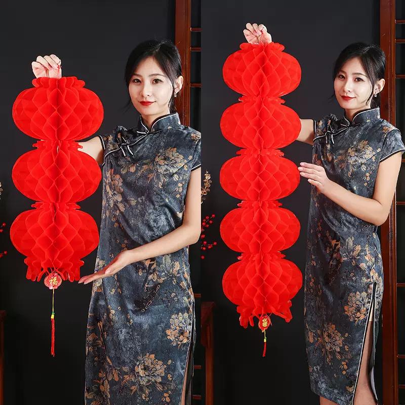 Đèn Lồng 3 tầng, 5 tầng màu đỏ giấy Nilon treo chữ Phúc chống nước trang trí Tết Bền chắc