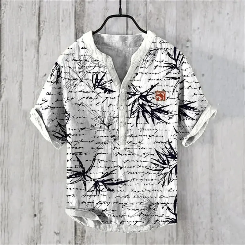 Men's linen short sleeved shirt retro printed half cardigan button up shirt Hawaiian style beach shirt Spring/Summer 2024 Menswear Top