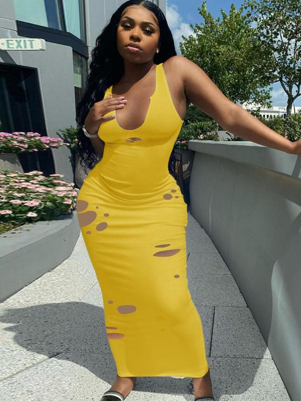 Women's Plain Ripped Notched Neck Bodycon Dress, Casual Sleeveless Long Dress for Summer, Ladies Clothes for Nightclub Party Daily Wear 4