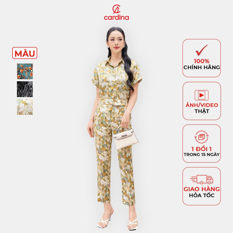 Set sơ mi lụa Cardina thiết kế bo gấu quần baggy trẻ trung Y25 4SQB02 Nữ Women Áo Sen Voi Hoa Sen Top