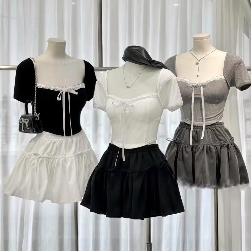 Sét Áo Kiểu Ren Nơ + Mix chân váy bí có lót quần bên trong ( Bigsize :50-90kg ) Nữ Women | BigBuy360 - bigbuy360.vn