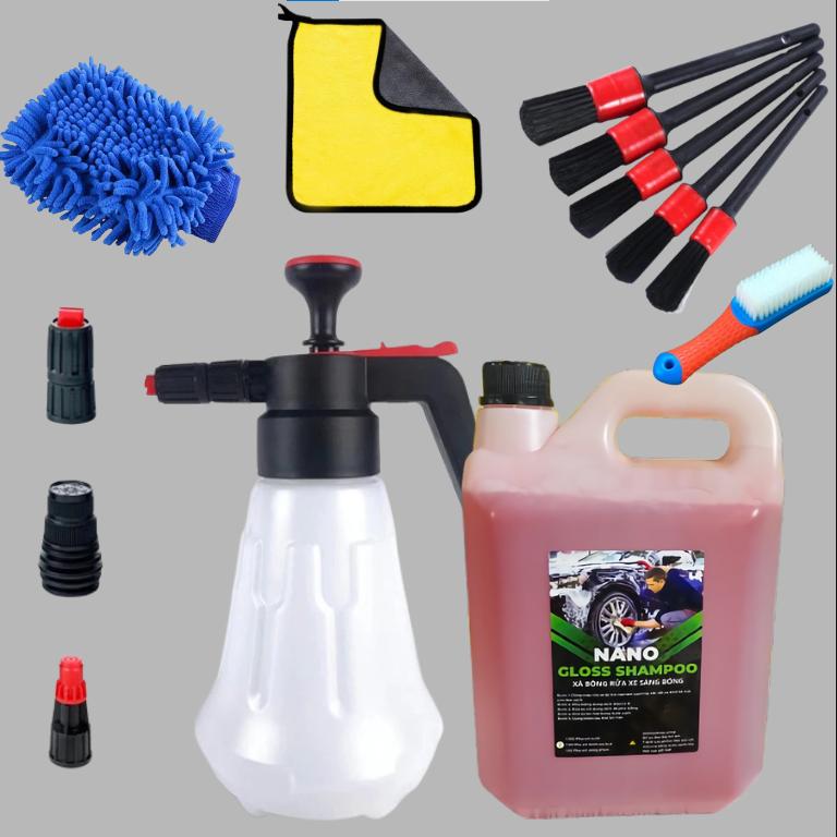 [Bộ rửa xe chuyên dụng] Bình xịt rửa xe bọt tuyết áp suất cao dung tích 2 Lít nhựa cao cấp (tặng kèm 3 vòi phun) đi kèm can nước rửa xe có chạm 5 lít và các phụ kiện đi kèm combo  nước dầu  rửa  sên bọt  tuyết  rửa  xe  ô  tô