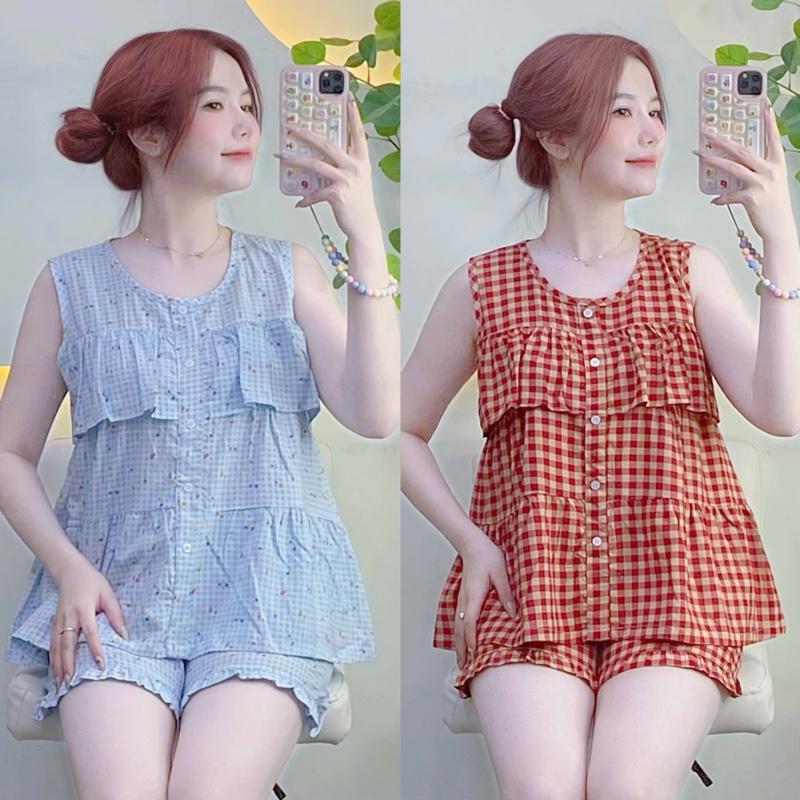 KA22- Đồ Bộ Tole Lanh Nữ  Mặc Nhà Áo Sát Cánh Tầng Quần Đùi Size 40-80kg Hoạ Tiết Hoa Hình