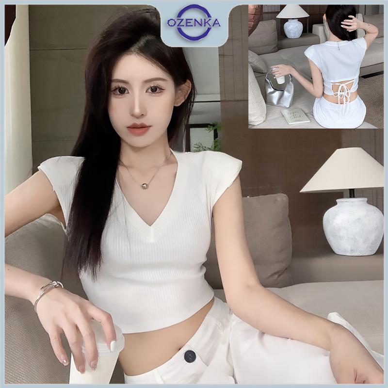 Áo croptop cổ v hở lưng tay hến ôm body gợi cảm đen trắng Ozenka , áo crt thun tăm có độn vai thời trang mặc hè mát lạnh Voi Women Shirt Sơ Mi