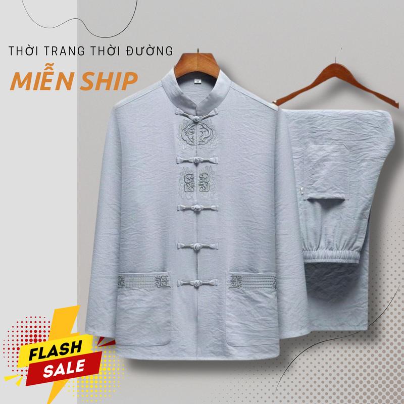    T5   Bộ Quần Áo Cổ Tàu Dài Tay Người Già Trung Niên Chất Liệu Đũi Thái Tự Nhiên Mát Nhẹ Size M-3XL Màu Kem Xanh Than Ghi Rêu Đen Ghi Đậm Phù Hợp Mặc Nhà Đi Chơi Du Lịch 