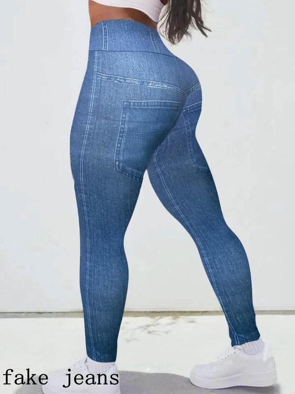 Plus Size Denim-Effect Print High Waist Leggings, Casual Stretchy Skinny Pants for Daily Outdoor Wear, Women's Bottoms for Spring & Fall 1