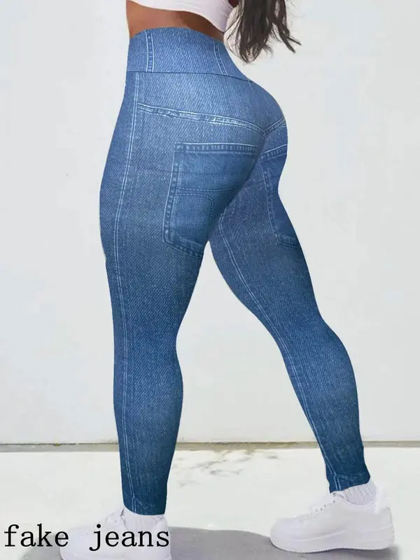 Plus Size Denim-Effect Print High Waist Leggings, Casual Stretchy Skinny Pants for Daily Outdoor Wear, Women's Bottoms for Spring & Fall 1