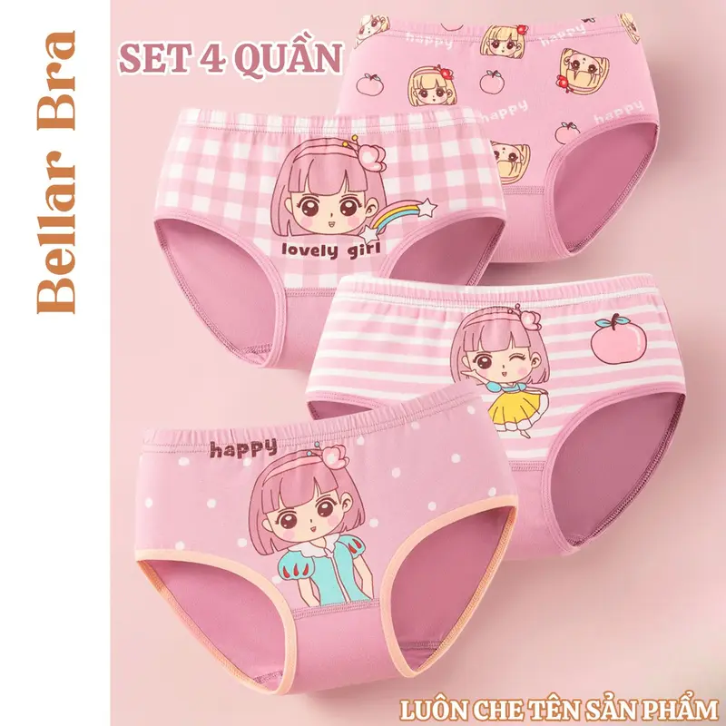 Set 4 Quần Chip Cho Bé Gái BellarBra, Quần Lót Bé Gái Co Giãn 4 Chiều, Thấm Hút Mồ Hôi Nhanh Chóng L7002 0