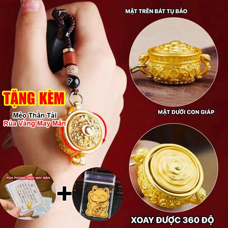 TẶNG MÈO THẦN TÀI + RÙA VÀNG Móc Khoá Bát Tụ Bảo Xoay Tương Ứng 12 Con Giáp - Chất Liệu Hợp Kim - Trang Trí Phong Thuỷ Cho Nam Nữ