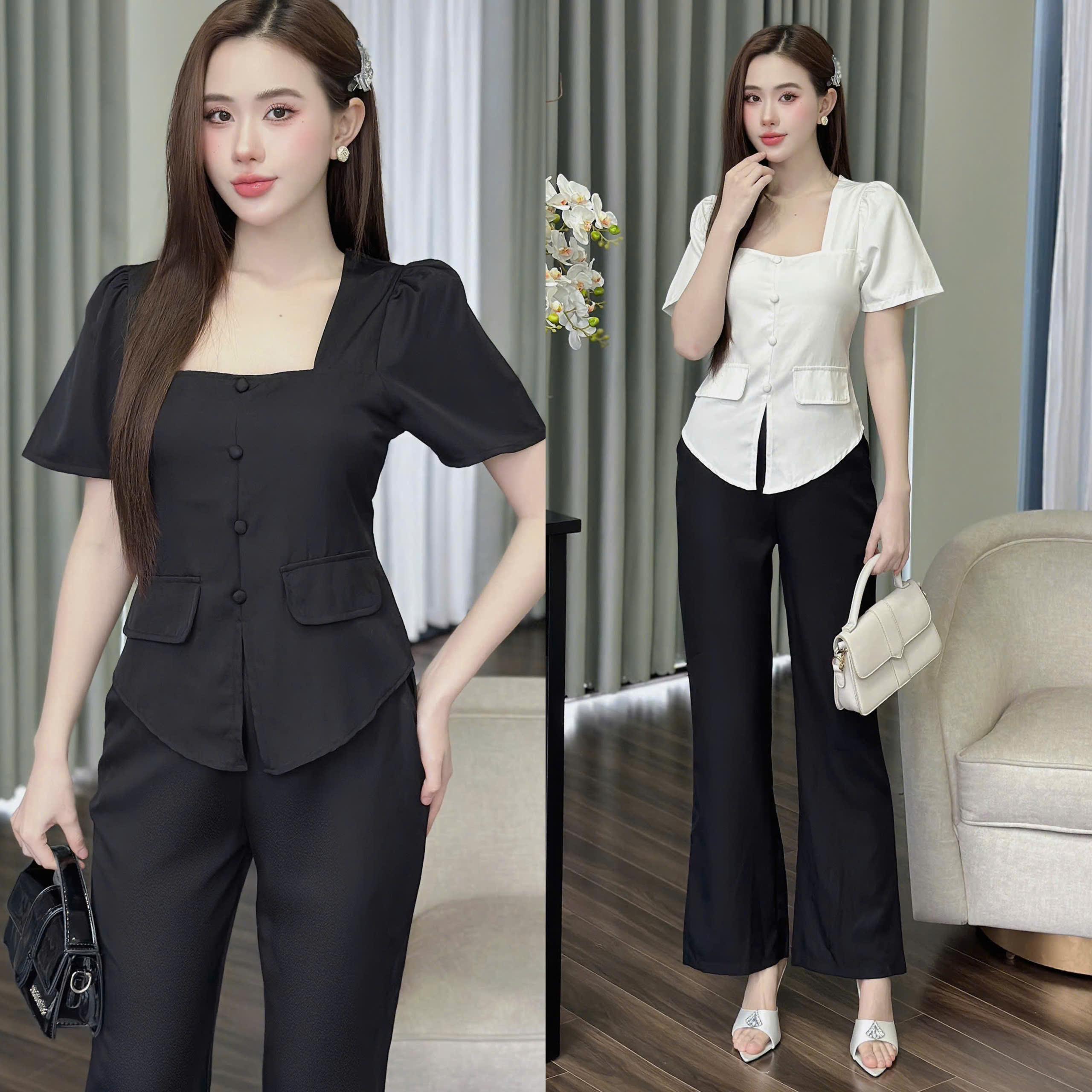 Set Quần Áo Cổ Vuông Phối Tui Vải Ctotton Lạnh 40 - 95Kg Có Bigsize Nữ Top Women Xoè - A.1421