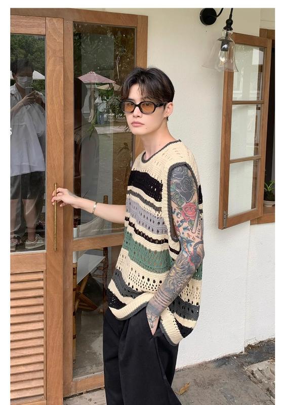 Product Introduction of Áo Vest Sọc Màu Cổ Điển Mỹ Áo Thun Không Tay Dệt Kim khoét Mỏng Mùa Hè Cho Nam Áo Cổ Tròn Dễ Phối Đồ Thường Ngày Hợp Xu hướng [S-XXL] 2