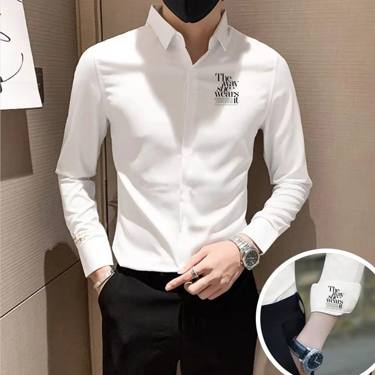 Áo sơ mi trắng dài tay vải lụa Thái mềm mịn che khuy cúc áo sang trọng Menswear Nam