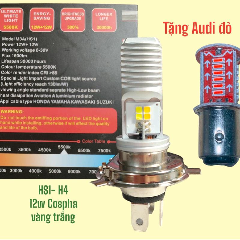  Bóng Pha Led Chân M5 HS1  H4  12W Cós vàng Pha Trắng Lắp cho Dream Wave,Si,Future Tay Ga Tặng Audi Đỏ pha Phụ Tùng đèn 500w xe máy Đèn Pha 