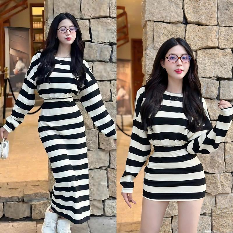 Set đồ nữ áo croptop phối sọc tay dài kèm chân váy suông xinh xắn dành cho các nàng diện đi chơi Women