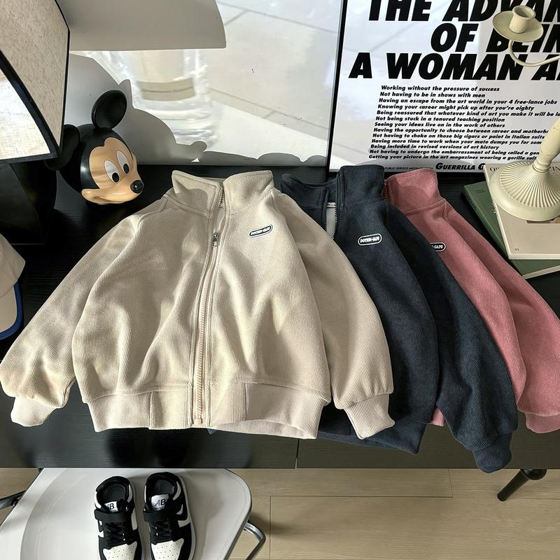 Áo Khoác Nhung Hạt Cho Trẻ Em, Dễ Phối Đồ Thường Ngày Dành Cho Nam Và Nữ, Áo Len Có Khóa Kéo, Phong Cách Hàn Quốc, Cổ Đứng, Thích Hợp Cho Trẻ Em Trung Và Lớn, Mùa Thu / Đông 2024