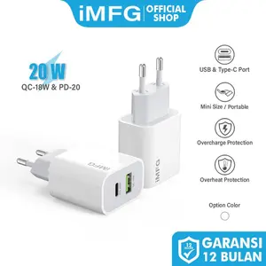 iMFG Indonesia i-C3 Charger QC18W PD20W Fast Charging USB & Type C 2 Port Adaptor Garansi Resmi 1 Tahun Kabel Carger Batok