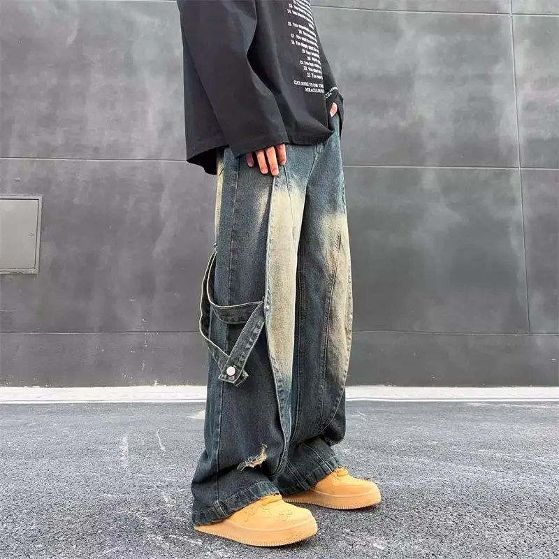 QUẦN JEAN ỐNG XUÔNG VIỀN GÂN UNISEX PHỐI DÂY PHONG CÁCH ĐƯỜNG PHỐ MÀU RETRO