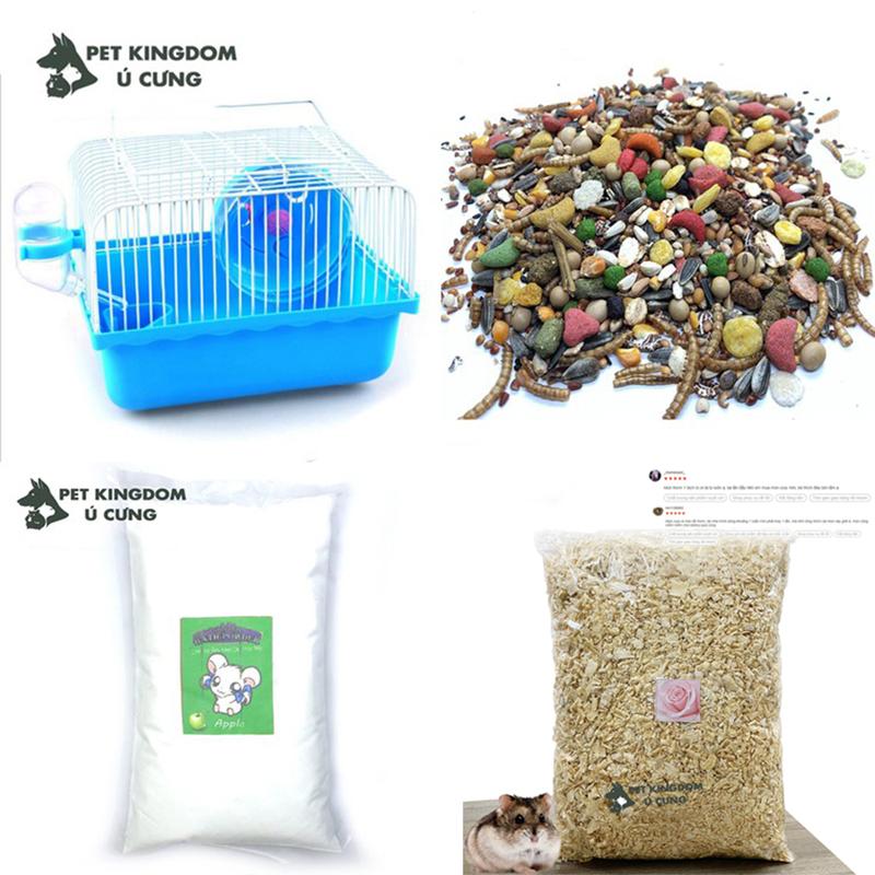 combo lồng hamster - thức ăn - lót chuồng - cát tắm
