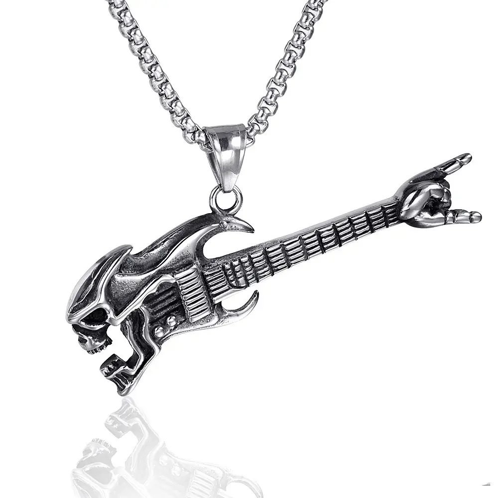 2024 Japanese and Korean Rock Skull Guitar Pendant Pendant Retro Music Personalized Instrument Titanium Steel Necklace Boys Jewelry