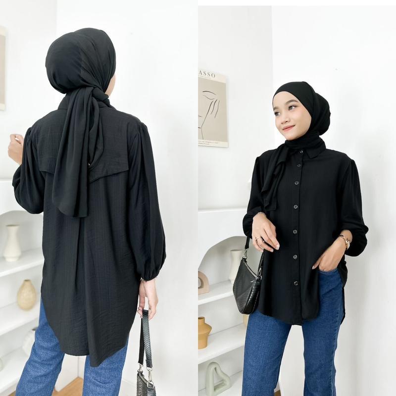 Kemeja Wanita Bahan Polo Linen Laura Blouse Atasan Wanita Full Kancing Lengan Panjang Fashion Remaja Dewasa Kekinian baju model terbaru By Mool Rakyat.Id 4