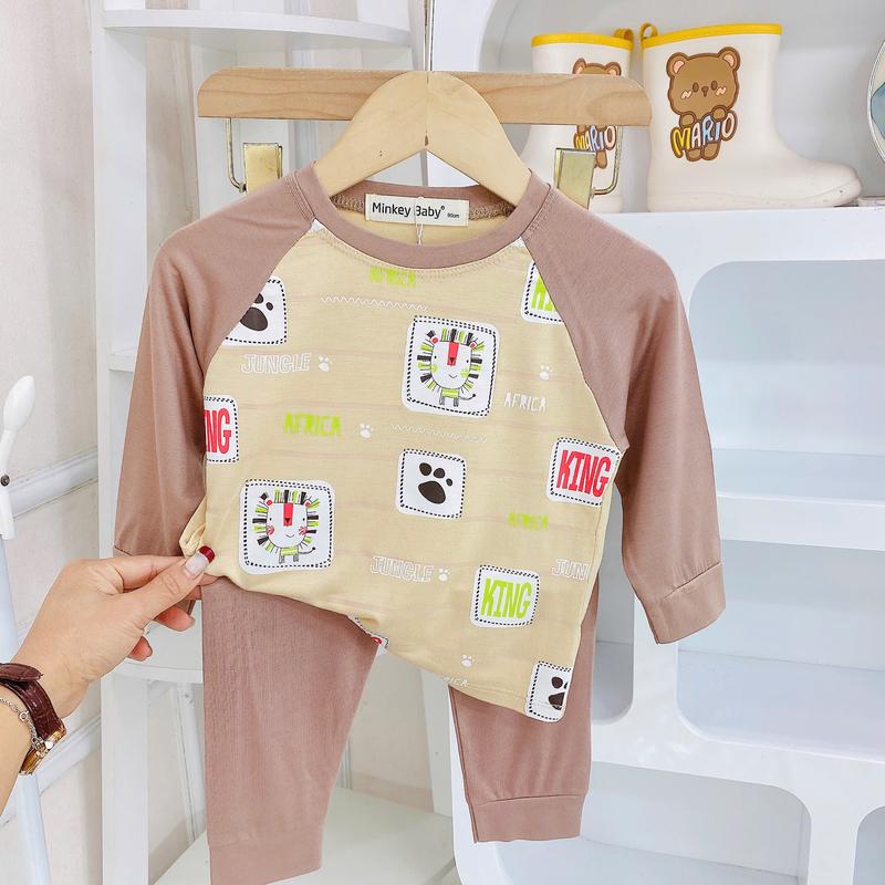 Đồ bộ thun lạnh tay dài quần dài cho bé trai bé gái (8-24kg), vải mềm mịn, thoáng khí, cho bé mặc ngủ thoải mái. 3