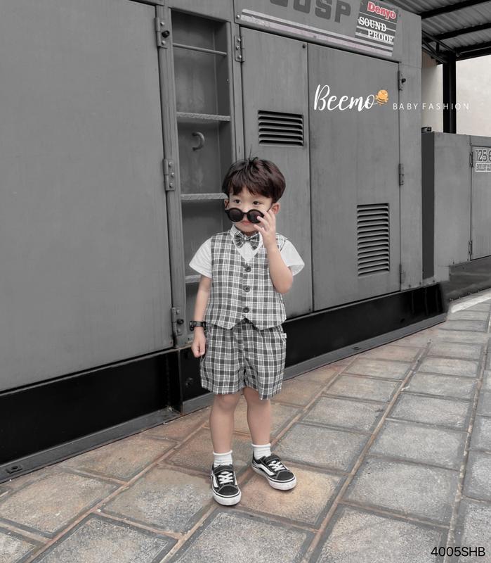 Set Vest gile công tử 4 chi tiết 2 màu đen và nâu cho bé trai đi học đi chơi chất vải chéo thái mềm mại size 9-22kg, quần áo trẻ em