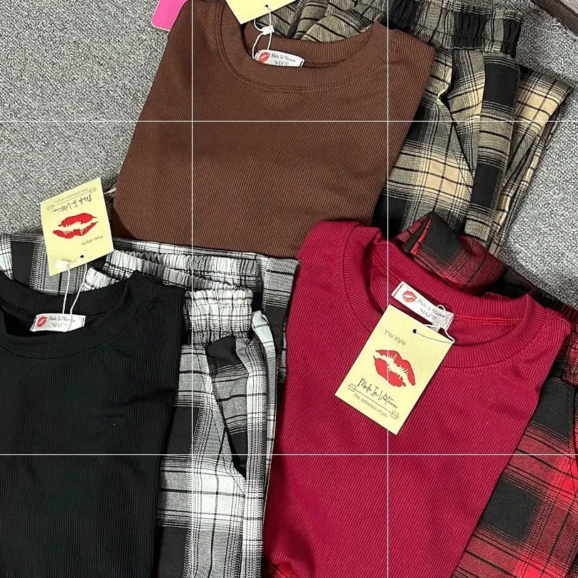 Sét bộ quần baggy caro áo croptop tay dài