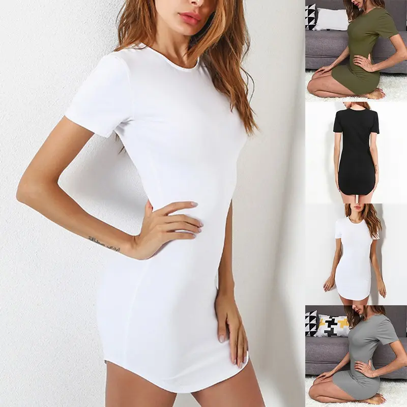 Solid Color Women Ladies Sexy Round Neck Short Sleeve Casual Party Slim Dress