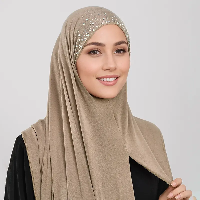 New Satin Cotton Sparkling Hijab Cap,Breathable Muslim Headscarf for Daily Prayer, Versatile Solid Color Hair Cover with Wave Rhinestone Design,Scarves tudung  selimpang tudung  selimpang