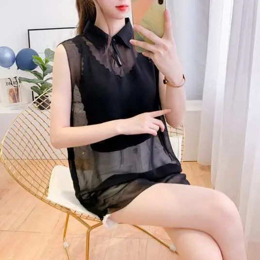 Áo Sơ Mi, Bộ Sưu Tập 4145 Người, Không Tay, Phong Cách Hàn Quốc, Dáng Rộng Vừa Vặn, Thoáng Khí, Làm Mỏng, Chất Liệu Voan, Thích Hợp Cho Mùa Thu Và Mùa Hè, Áo Thời Trang, Hàng Mới Về, Dành Cho Nữ