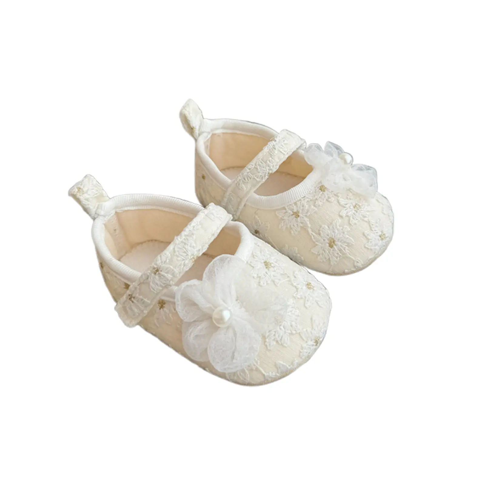 Baby Girl Pearls Flowers Flats Non-slip Soft Soles Cute Mary Jane Shoes Casual Walking Shoes for Newborn Toddler