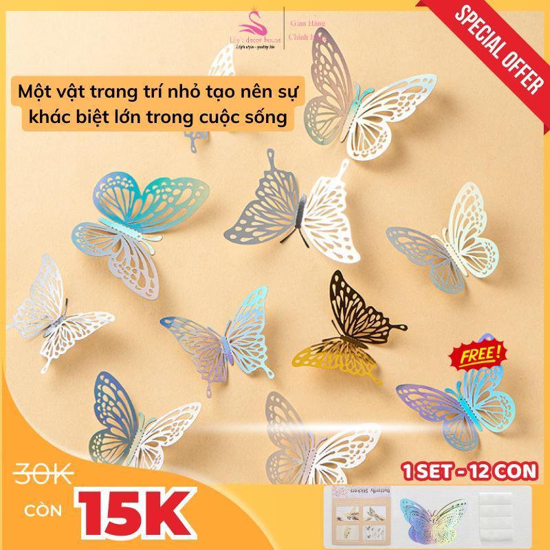 717 Mart Bộ 12 Bướm Đa Sắc Dán Tường 3D Lấp Lánh Trang Trí Tiệc Phòng Khách Đính Tường Kèm Miếng Dán