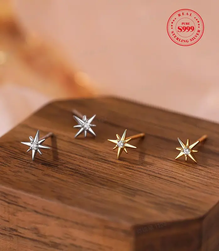 999 Sterling Silver Mini Star Earrings, Casual Rhinestone Stud Earrings for Women, Trendy & Exquisite Jewelry for Party, Daily Clothing Decor, Perfect for Gift 6