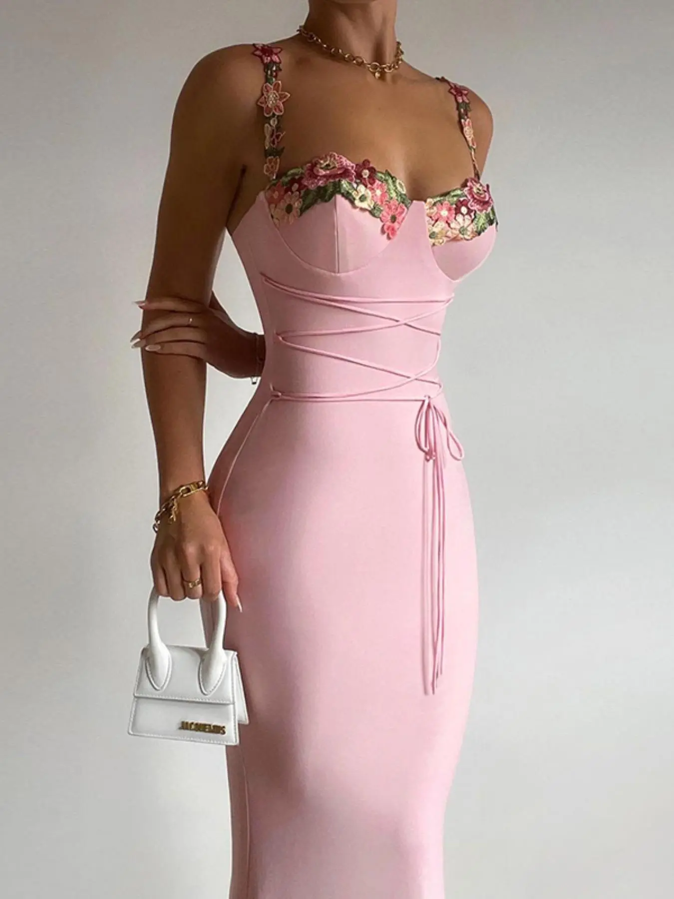 Women's Appliques Lace Up Backless Cami Dress,  Dresses for Women, Fashion Sleeveless Bodycon Long Dress for Party Club Dating Wear, Ladies Summer Clothes