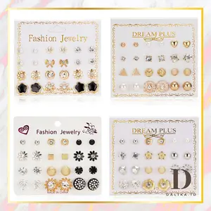 Anting Tusuk Set 12 Pasang Model Mutiara Intan Bentuk Bulat Gaya Korea Perempuan